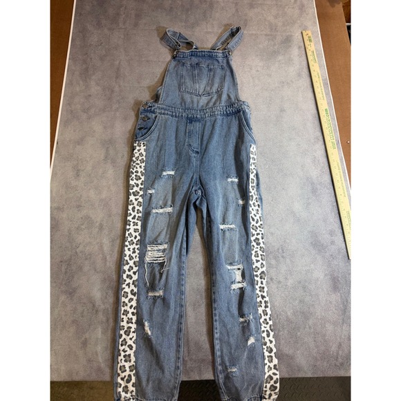 BIB! Denim - BIB! Womens Distressed Denim Overalls Leopard Print Side Stripe Blue Size S